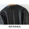 KPYTOMOA Frauen Mode Faux Leder Single Button Blazer Mantel Vintage Langarm Taschen Weibliche Oberbekleidung Chic Tops 211006