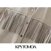 KPYTOMOA Kadın Moda Büyük Boy Yıpranmış Fringe Denim Ceket Kaban Vintage Uzun Kollu Püskül Kadın Giyim Şık 211112 Tops