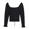 Sommar Kvinnor Elegant Mode Black Folds Slash Neck Lotus Sleeve Sweater Kvinna Enkelhet Pullover Chic Top 210520