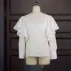 Mulheres O pescoço Blusas White ver através de babados longos babados listrado tops transparentes camisa de festa de noite plus tamanho para senhoras xxl 210527