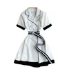 Kortärmad sommarklänning Kvinnor Notched Collar White Mini Dress Elegant Office Lady Waist Slim Belt Kvinna Vestidos 210515