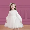 Tjejens klänningar 4-12 år tjej barnklänning långärmad kläder fest vinter tjejer höst ruffles kväll tulle rosa lila vit