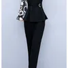 Lente vrouwen twee stuk set elegante plus size kant patchwork lange mouw O-hals tops en elastische taille broek outfits Koreaans 210518
