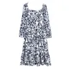 Vintage Frankrijk Stijl Blauw Wit Bloem Print Vrouwen Jurk Sexy Spliticed Geplooide Lange Mouwen Midi Tea Jurken Slanke Vestido 210429