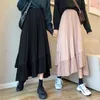 Faldas mujer moda cair coreano chique fino preto cintura alta pleated saias mulheres irregular babados cinza maxi saia vintage solta 210610