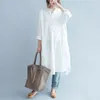 Zakresywne kobiety bawełniana sukienka koszulka nowa wiosenna sztuka styl stojak stojak luz luźne białe sukienki S3697 210412
