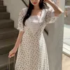 Coreano elegante retro cuadrado cuello raya costura floral midi vestido femenino encaje cintura puff manga a-line vestidos 210508