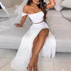 Kadın Seksi Kravat Ön Straplez Parti Elbise Zarif Çiçek Baskı Kapalı Omuz Elbiseler Lady İki Parçalı Set Yarık Uzun Elbise Vestidos X0521