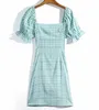 Vår sommar fransk grön vit pläd mini klänning kort ärm kvadratisk hals singel-breasted knapp smal klänningar 210429