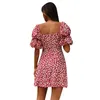 Casual Summer Sexy Mini Dress Women Short Sleeve Boho Floral Print Dress Elegant Square Collar Puff Sleeve Short Dress Vestidos 210415