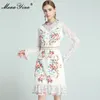 Mode Designer Jurk Lente Damesjurk Kant Lange Mouw Ruches Vintage Floral-Print Elegante Jurken 210524