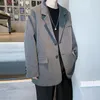 Uomo Solido Nero Blazer Monopetto Coreano Chic Casual Oversize Mens Outwear Tasche Ins Semplice Allentato BF Abiti da uomo