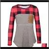 Tops Womens Kleding Apparel Drop Levering 2021 Vrouwen Plaid Splicing T-shirt Vrouwelijke Ronde hals Lange Mouw Pulling Pullover Top T-stukken met Pocket