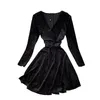 Women Black Dress Spring Autumn Long Sleeve Sexy V-neck A-line Short es Ladies Elegant Shining Velvet Vestidos 210525