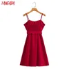 Tangada Women Solid Red Sundress con cinturino Slash Regola senza maniche Summer Fashion Lady Abiti Vestido SY230 210609