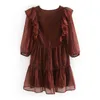 Fashion Leopard Print Chiffon Mini Dress Women V Neck Elegant Ruffles Pleated Long Sleeve Vintage Party Vestidos 210515