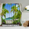 Shower Curtains Landscape Scenery Curtain Waterfall Forest Arched Garden Window View Green Plants Flowers Home Bathroom With Hook Screen