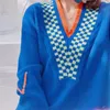 디자이너 고품질 L 블루 V 넥 니트 스웨터 여성 풀오버 느슨한 디자인 긴팔 탑 느낌