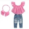 3шт набор для девушки летняя одежда розовые вершины + разорванные джинсы + повязки девочек костюм 2021 детские наряды детская одежда наборы одежды 1-7 лет
