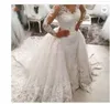 2022 V Neck Lace Bröllopsklänning med avtagbara tåg Långärmade Kapell Brudklänningar Muslim Arabiska Dubai Bride Dresses Custom Made Vestidos de Novia