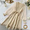 Yuoomuoo romantisk kvinna stickad rosa fest klänning 2020 höst vinter v nacke elegant chiffong långärmad sashes klänning damer klänning x0521