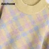 O Neck Plaid Women Long Sleeve Casual Warm Knitted Tops Ladies Elegant Pullover Sweater Jumper Jersey Mujer 210413