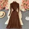 Automne hiver nouveau design femmes col roulé à manches longues tricoté plissé taille haute maxi long pull robe couleur unie