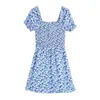 Été rétro bleu imprimé fleuri femmes Mini robe femme Vintage français col carré en mousseline de soie à manches courtes robes vacances 210429