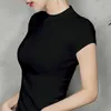 Damska Top Pani Bawełna Krótki Rękaw Turtleneck Woman Tshirt Wszystkie Match Basic T-shirt Czarny Szary biały Kolor 210623