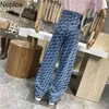 Naploe Harajuku Jeans Femmes Chic Plaid Pantalon à jambes larges Mode coréenne Nouveaux fonds Taille haute Slim Straight Streetwear Pantalon 210422