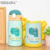 400 ml Dzieci Thermos Kubek z słomy ze stali nierdzewnej Dinozaurów Kolby Próżniowe Dzieci Cute Thermal Water Bottle Thermocup 210615