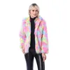 Moda zimowa Kobiety Faux Fur Coat Mieszane Multi Color Furry Hoodie Z Długim Rękawem Dorywczo Kurtka 211207