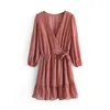 Sweet Women Pink Mini Dress Three Quarter Puff Sleeve V Neck Ruffles Elastic High Wasit Ladies Party ES 210508