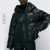 Kurtka zimowa Kobiety Parka Vintage Czarne Skórzane S Płaszcze Streetwear Kobieta Puffer Koreański Płaszcz Z Kapturem 211018