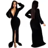 casual solid women elegant Deep V Neck Sheer High Slit Floor Length dresses 2021 sexy evening party club