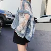 Streetwear encaje Patchwork Jean agujero chaqueta vaquera abrigo mujer de gran tamaño manga larga perspectiva flor bordado abrigo suelto 210416