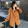 Contrast Color Balzer Women's Spring Lapel British Style Brown Yellow With Black Collar Woolen Suit Coat 5A761 210427