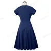 Nice-Forever Elegant Vintage Solid Färg Rund Neck A-Line Vestidos Pinup Business Party Women Flare Swing Dress A157 210419