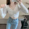 Puff Sleeve Short Sexy Top Shirts For Women Spring Pleated Office Lady White Blouse V-Neck Solid Casual Blosues 12961 210512