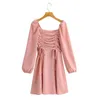 Mode Frauen Kordelzug Dekoration Rosa Mini Kleid Weibliche Laterne Hülse Kleidung Casual Dame Lose Vestido D7179 210430