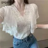 Gaganight Summer Korean Sweet Button Up Women Chiffon Blouses Sexy V Neck Ladies White Tops Puff Sleeve Lace Shirt Blusas Femme 210519