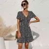 Sexy V-neck Short Sleeve Floral Print Mini Dress Women Summer Casual Slim Ruffles High Waist Red Beach Sundress Vestidos Female 210522