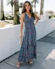 여성 드레스 V 넥 민소매 인쇄 해변 스타일 ES 플러스 사이즈 빈티지 섹시한 긴 여름 패션 210513