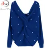 Frauen Zurück Criss Cross Perlen Gestrickte Pullover Herbst Winter Elegante OL Warme Pullover Fashion Solid Jumper Strickwaren Pull 211011