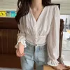 Koreanische V-ausschnitt Spitze Vintage Lose Hohe Qualität Retro Mode Frauen Chic Alle Spiel Casual Tops Blusen 210525