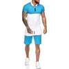 Conjunto de chándal corto para hombre Colorblock Trajes de chándal de 2 piezas Conjuntos masculinos Ropa casual de verano Camisa de solapa y pantalones cortos Polo Traje de chándal 210806