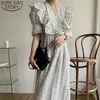 Mulheres verão vestidos flare de manga curta bolinhas chiffon ruffles moda v vintage midi longo 13800 210506