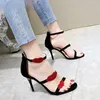 Sexy Black Sandals Ladies Summer Open Toe Stiletto Heels Ankle Strap Pump Women's Shoes Red Lips Party 2021 Dress