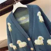 Yitimuceng Sheep Embroidery Sweater Women Fall Cardigan V-Neck Office Lady Single Breasted Winter Clothes Blue Spring 210601