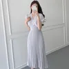 エレガントな仕事の女性のドレスオフィスの女性のプリーツのソリッドVネック韓国のローブ夏のvestidosシフォン16827 210415